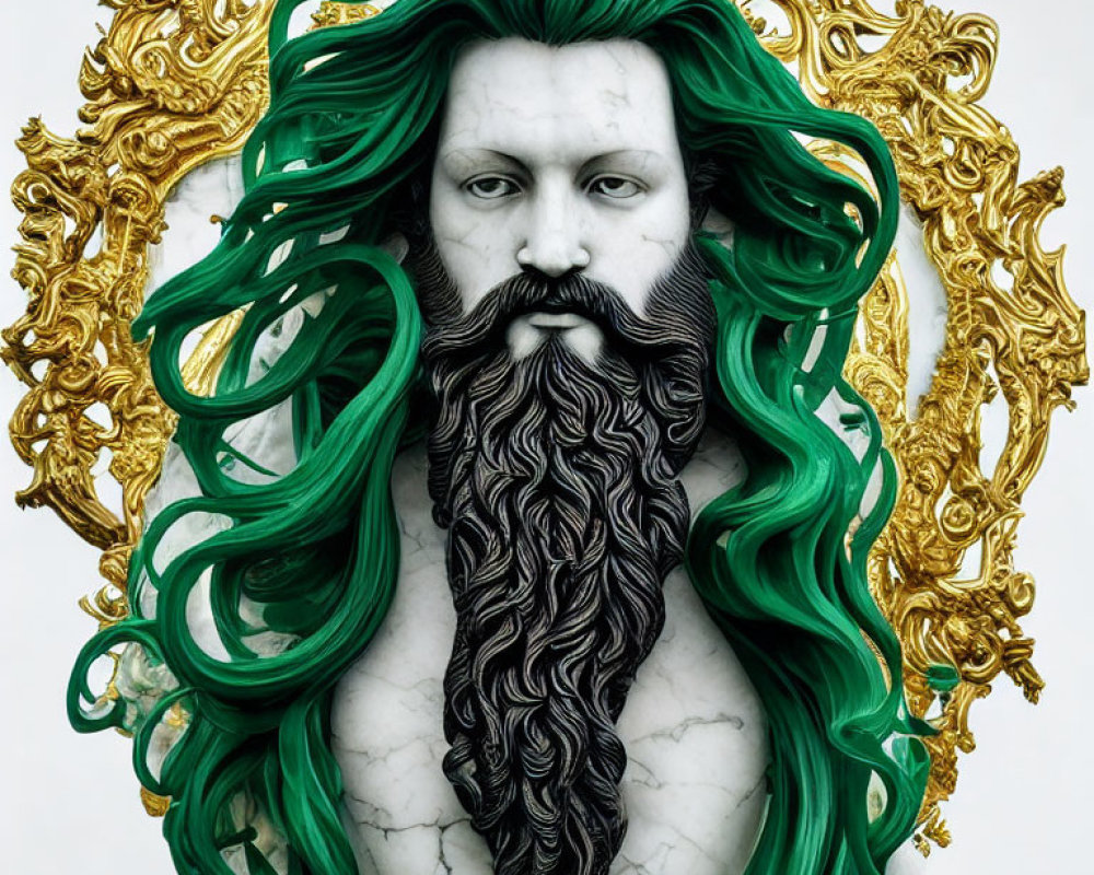 Detailed illustration: Green-haired figure resembling marble statue in ornate golden frame