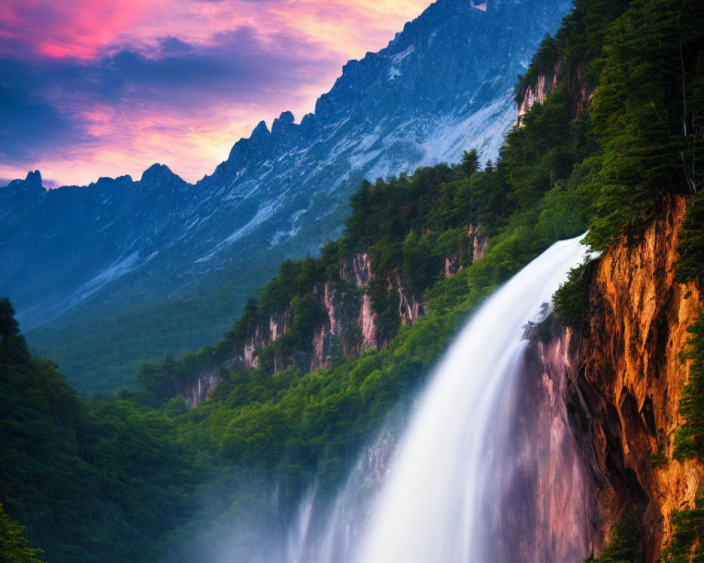 Scenic waterfall against sunset sky and mountain peaks