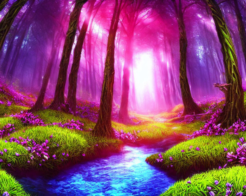 Enchanting forest with glowing pink and purple canopy & serene blue stream
