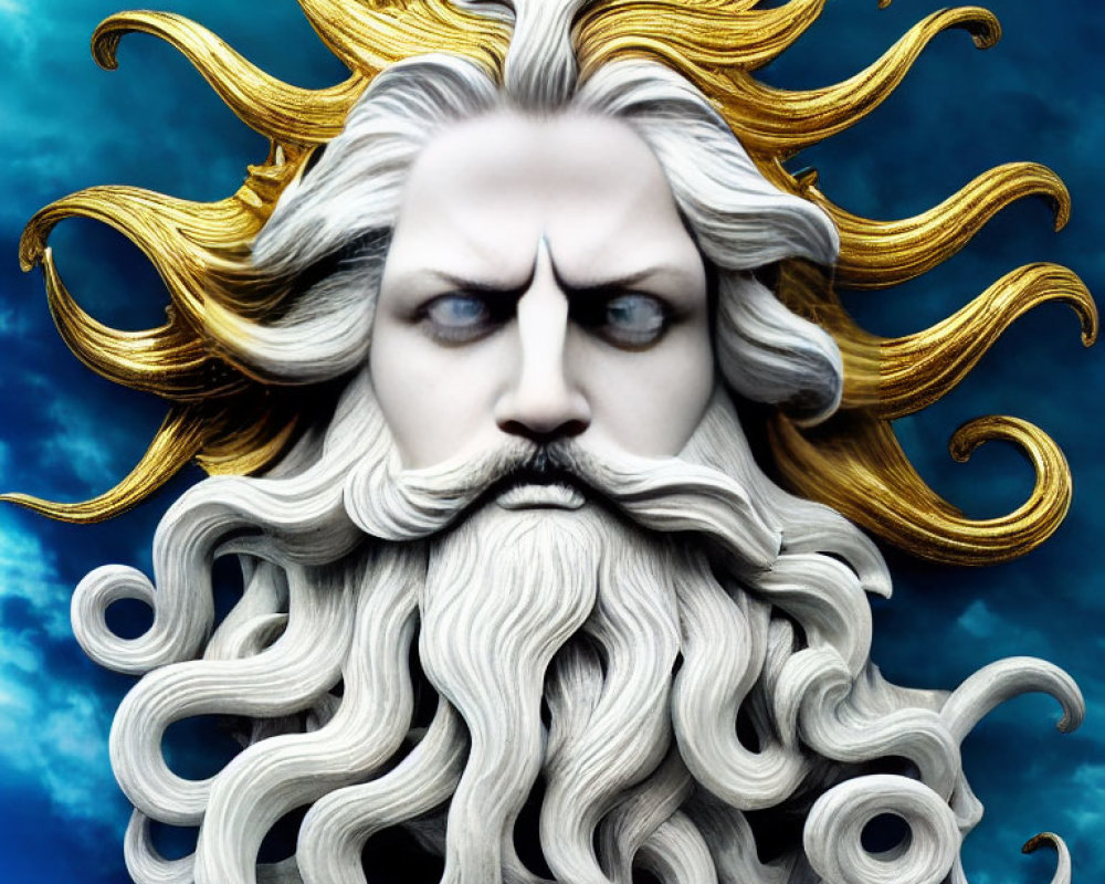 Male face with white and gold baroque hair and beard on blue background