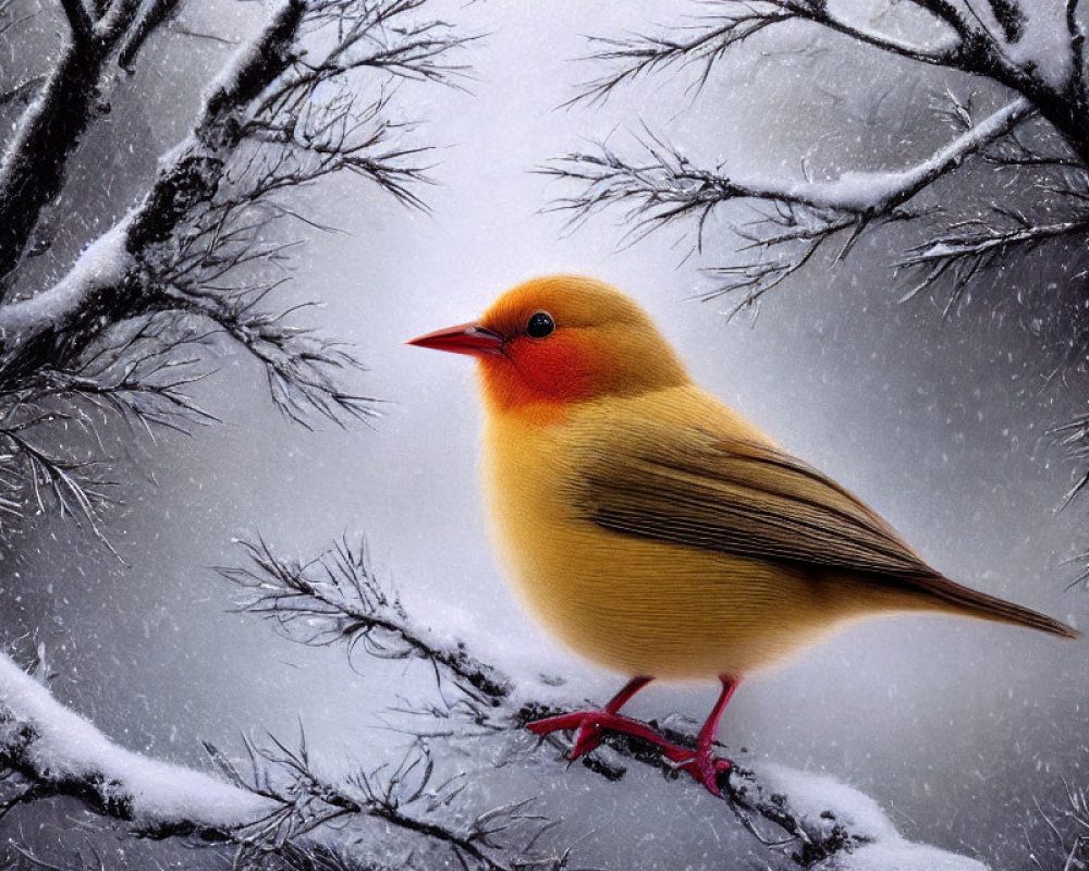 Colorful bird with orange-red head perched on snowy branches in wintry forest.