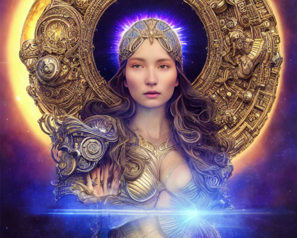 Woman in Golden Armor with Halo and Cosmic Background Holding Blue Energy Blade