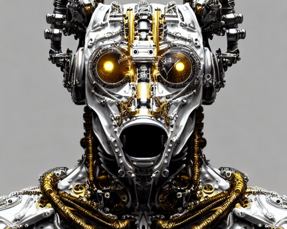 Detailed Robotic Head and Torso with Golden Eyes and Mechanical Parts