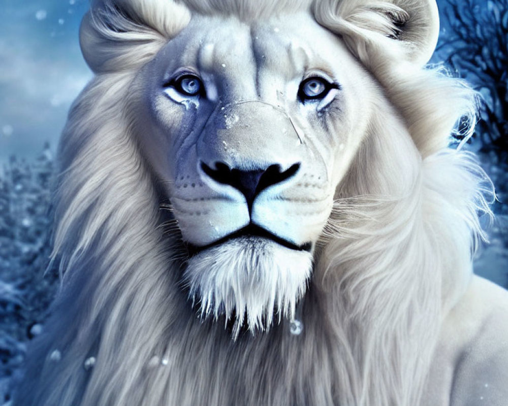 White lion with blue eyes in snowy landscape