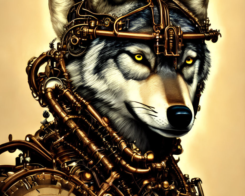 Steampunk mechanical wolf with brass gears and goggles