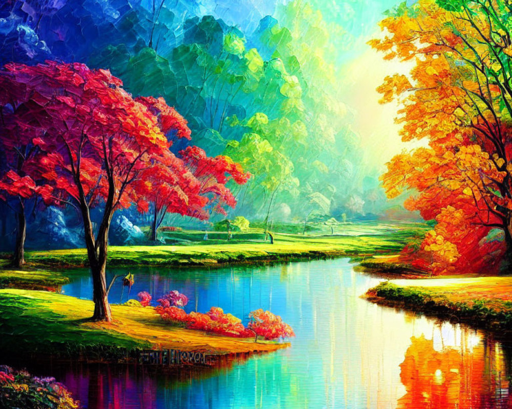 Colorful Autumn Landscape with River Reflections in Sunlight