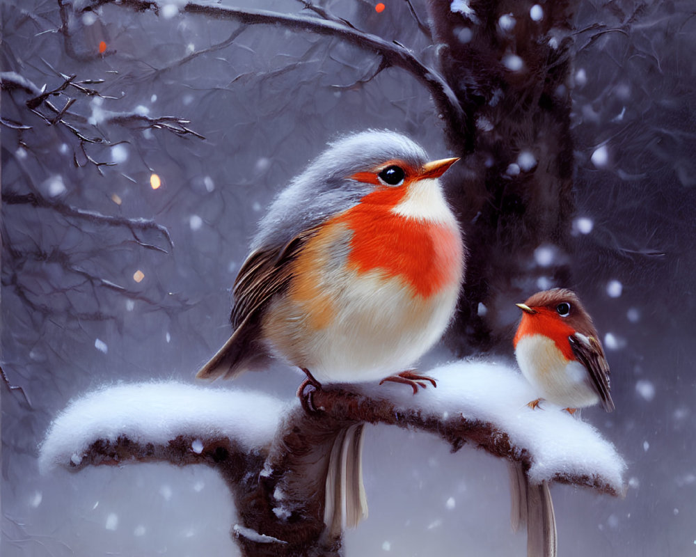 Two robins on snowy branch in serene landscape with glowing lights