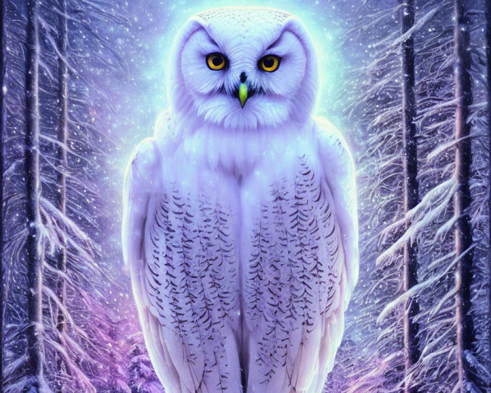 White Owl in Snowy Forest with Glowing Yellow Eyes and Starry Sky