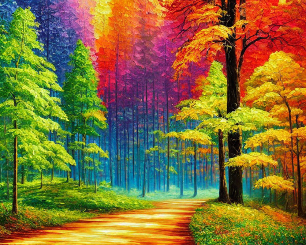 Colorful forest pathway with autumn trees under vibrant sky