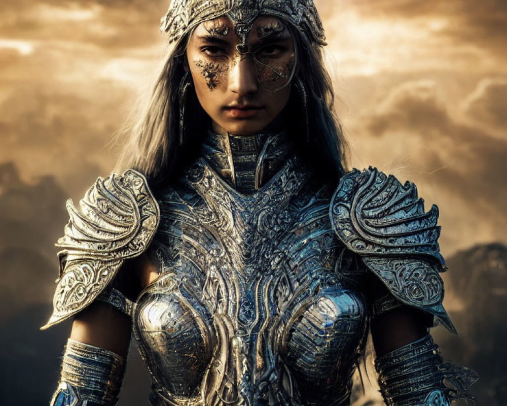 Ornate silver armor-clad warrior woman against dramatic sky