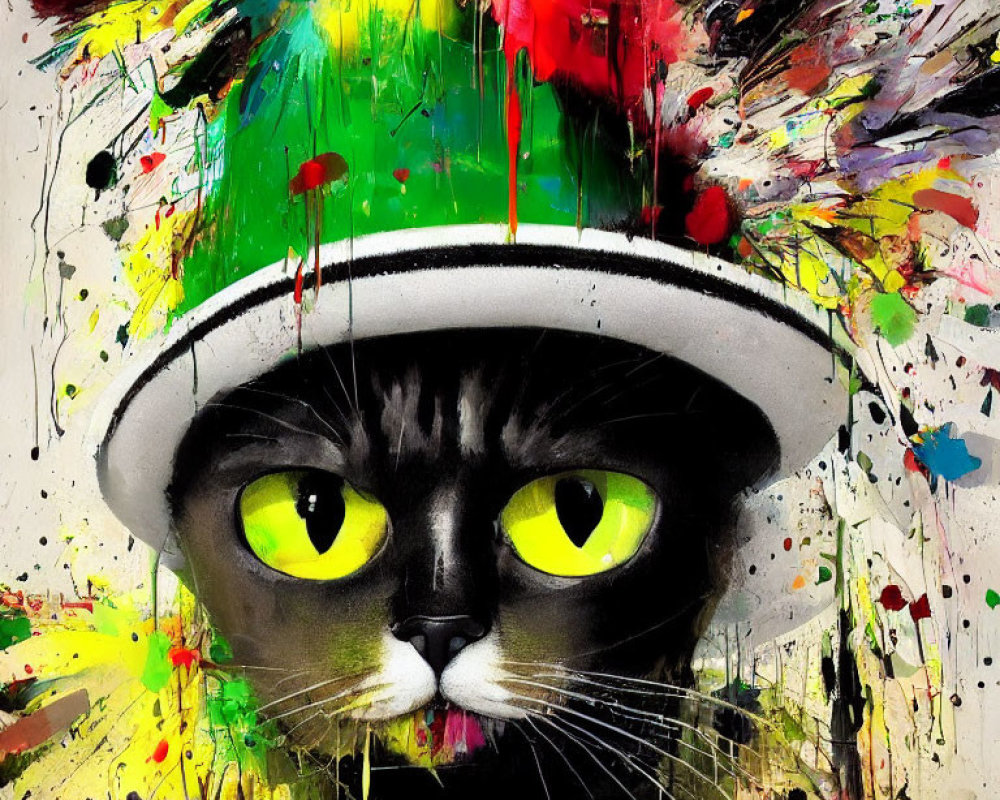 Colorful hat black cat with green eyes in dynamic paint splatter backdrop
