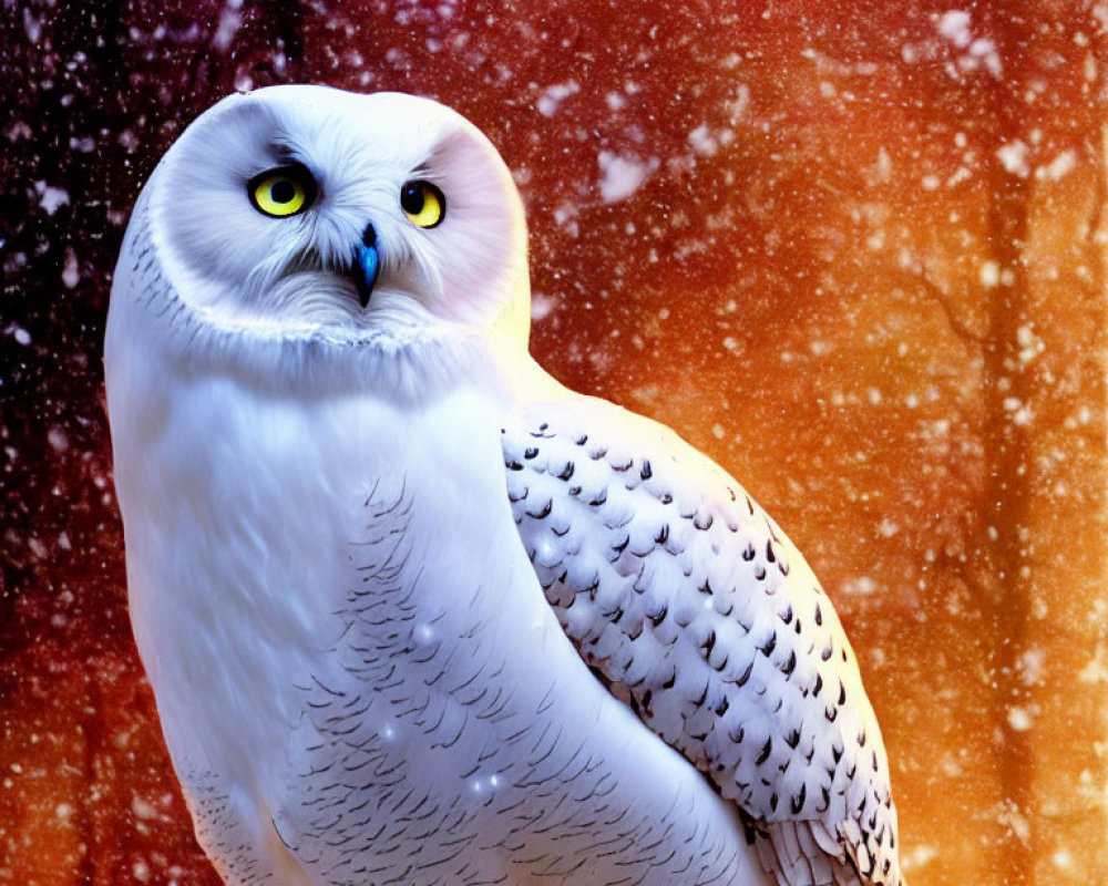 Snowy owl with piercing yellow eyes in soft-focus orange backdrop