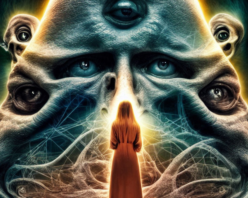Surreal image of face with multiple eyes and symmetrical patterns