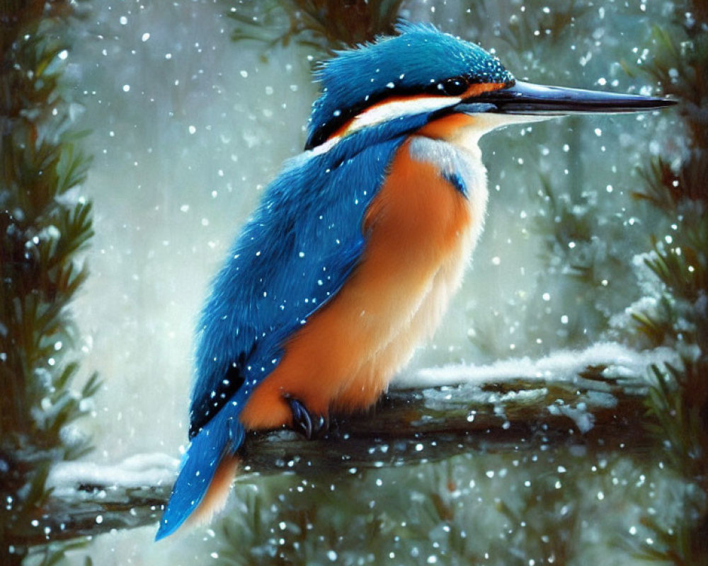 Colorful kingfisher on branch in snowy winter scene