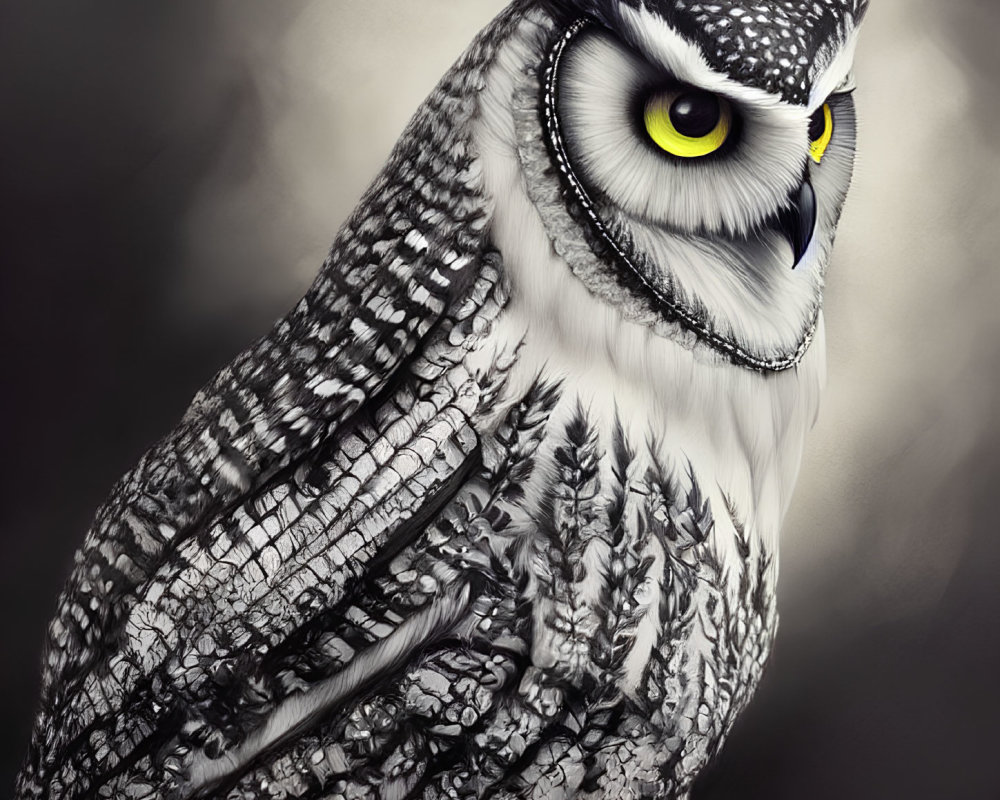 Detailed Owl Illustration with Striking Yellow Eyes and Black & White Feathers