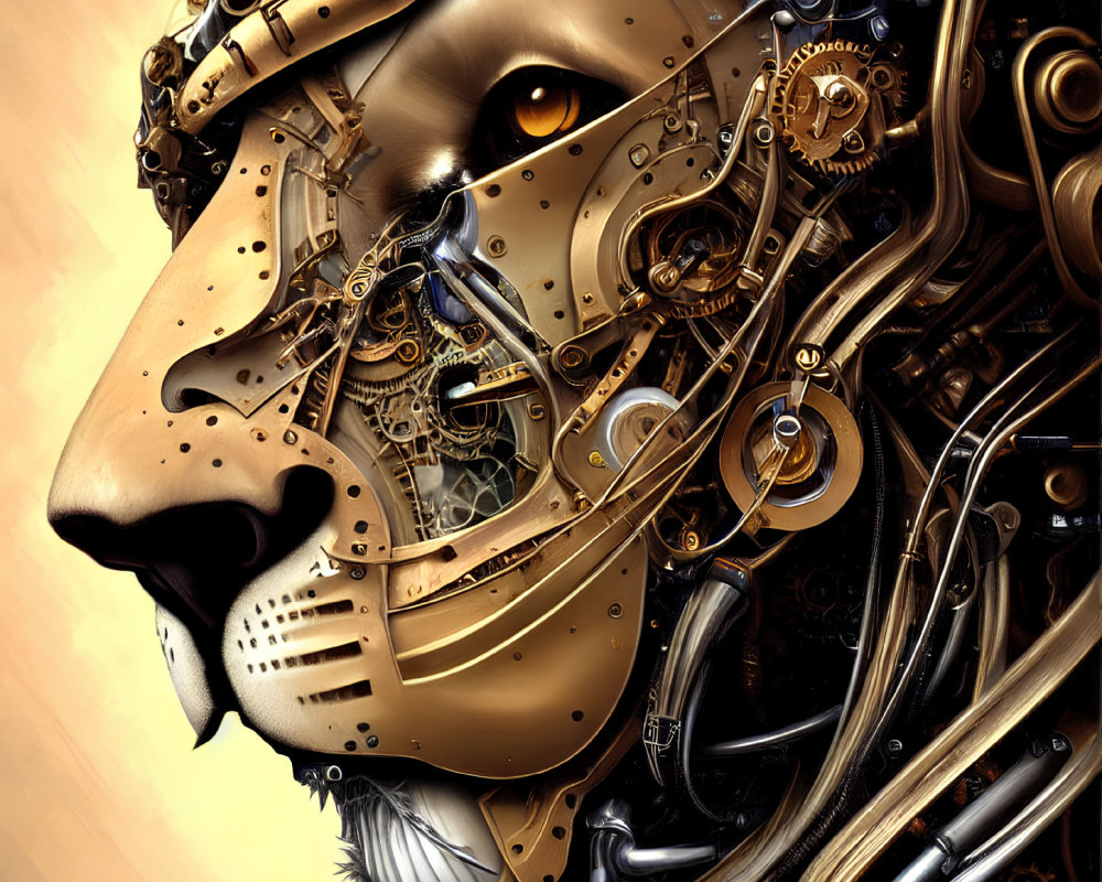Detailed Steampunk Mechanical Lion Illustration with Organic Elements