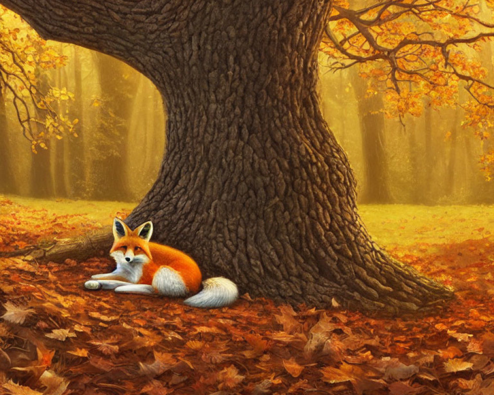 Fox Resting Under Large Tree Among Autumn Leaves