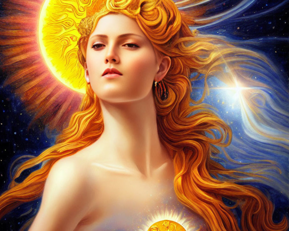 Golden-haired woman with sun halo holds miniature sun against cosmic backdrop