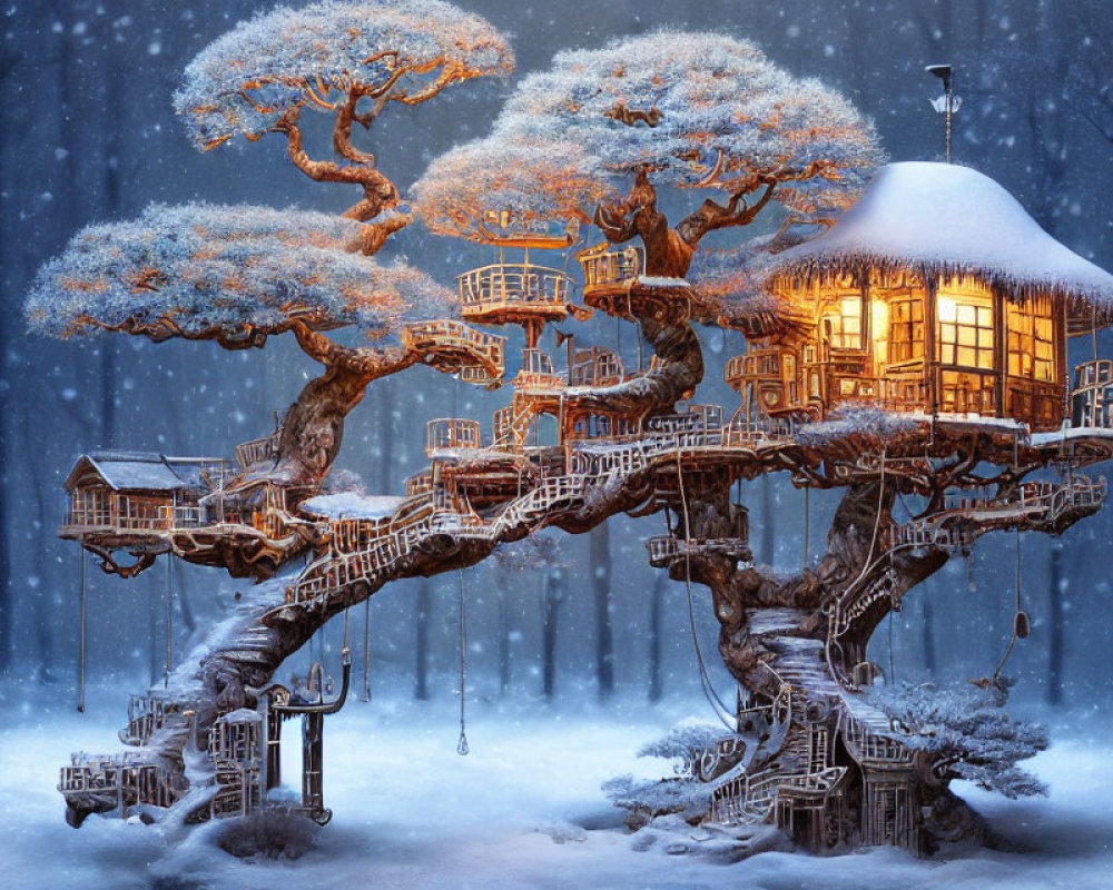 Snow-covered treehouse in twilight forest with warm, lit windows