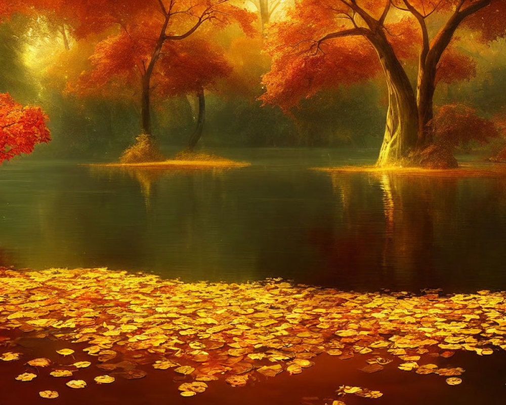 Tranquil autumn landscape with golden leaves, vibrant trees, and serene lake