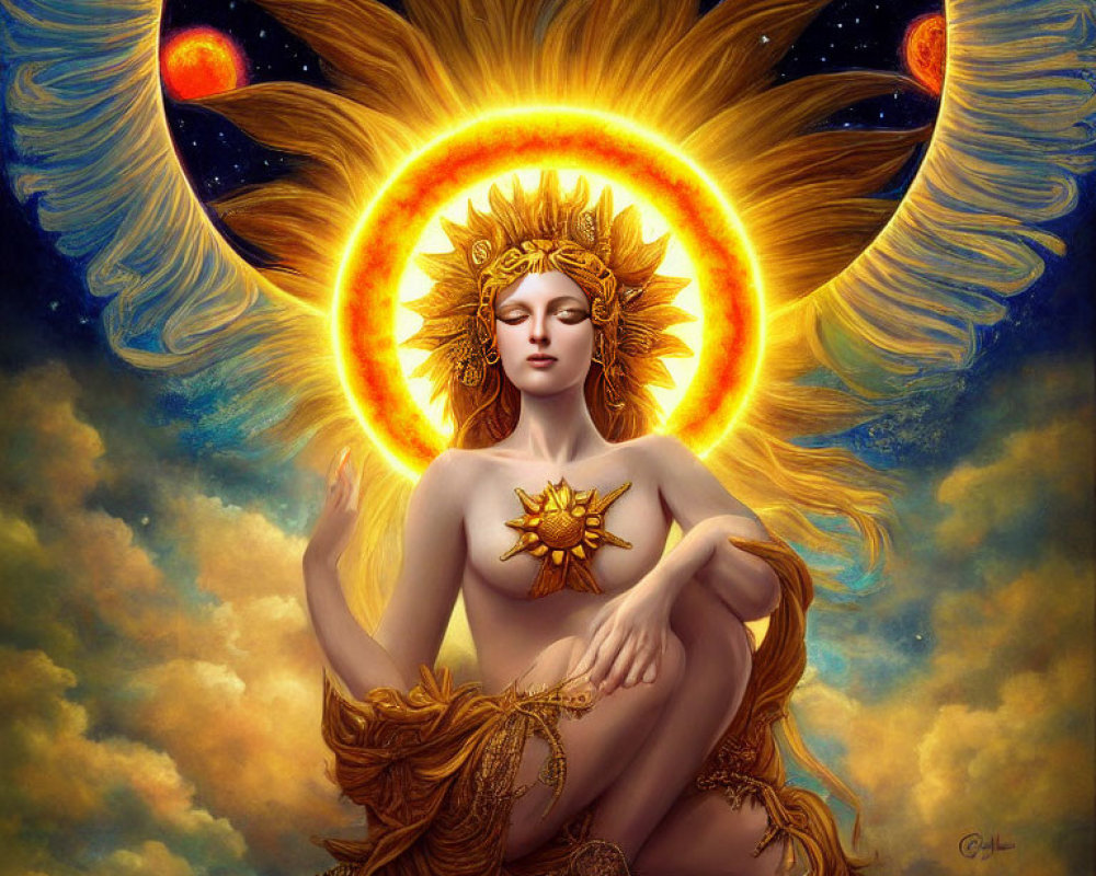 Celestial figure with sun halo and golden crown holding sun emblem, planets in background
