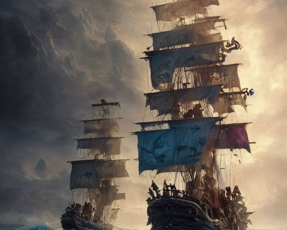 Historic tall ships sailing in stormy seas under dramatic sky