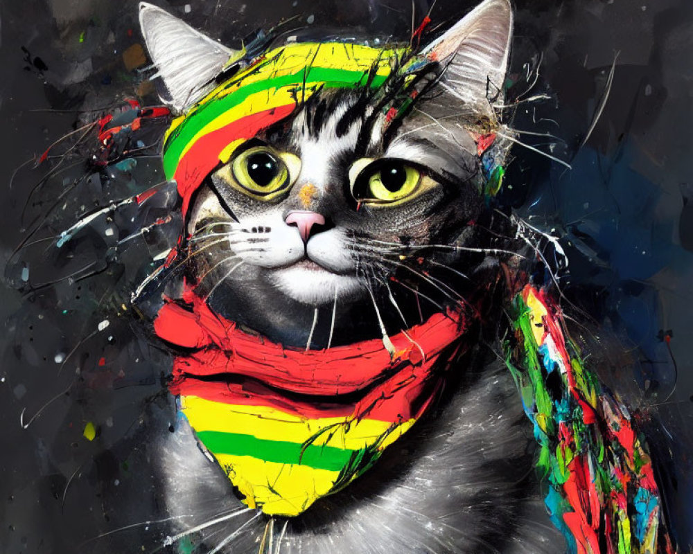 Colorful cat painting with headband and scarf on splatter background