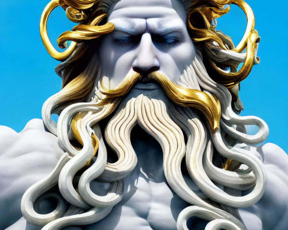 Detailed 3D Poseidon rendering with majestic beard and hair against blue sky