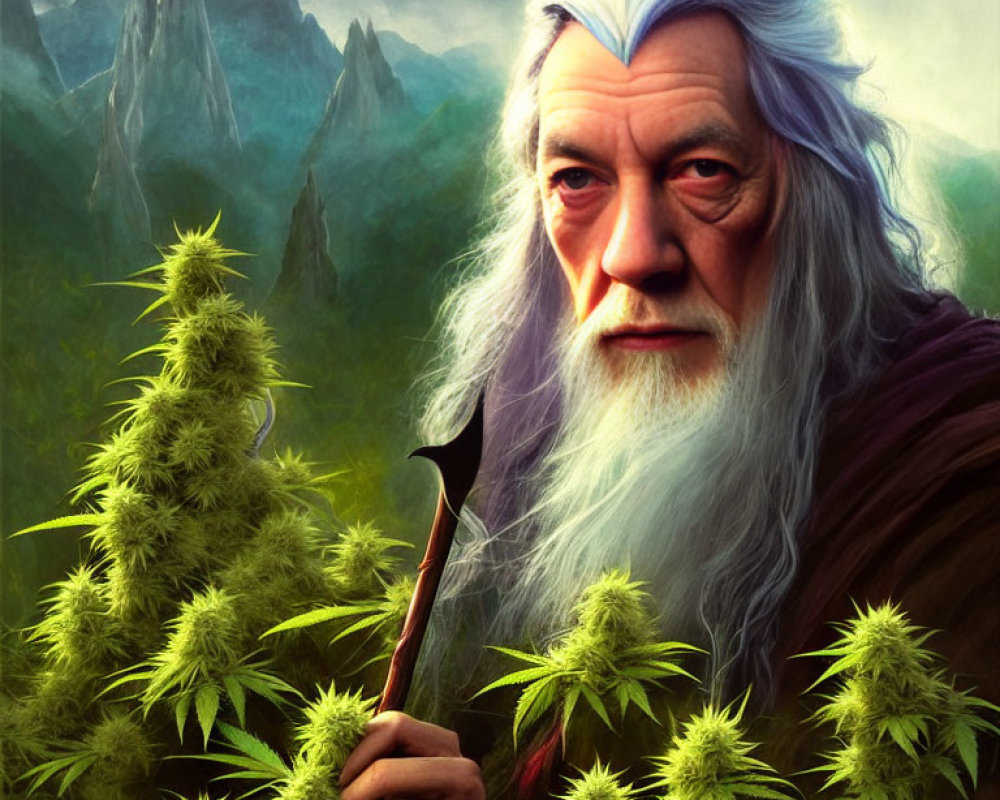 Elderly wizard with staff in lush green forest