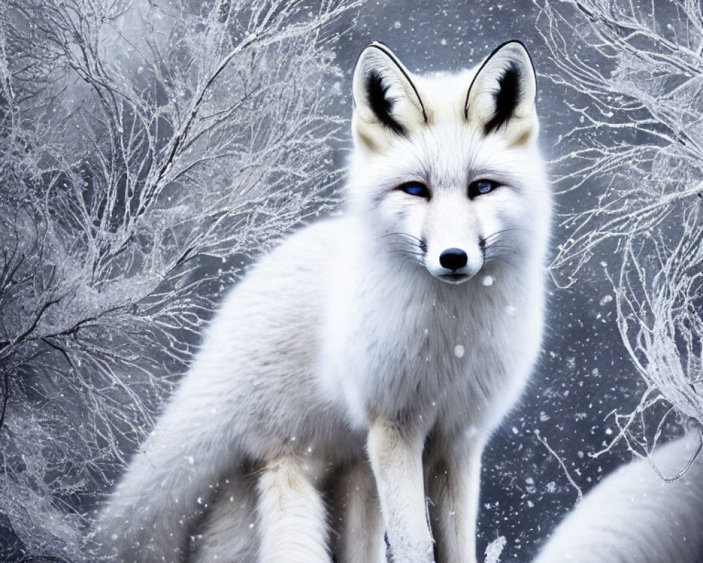 White Fox in Snowy Landscape with Frosted Trees