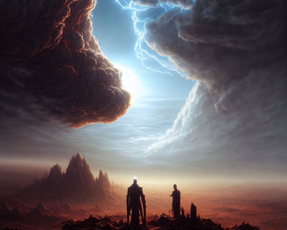 Silhouetted figures on rocky terrain under dramatic sky with lightning.