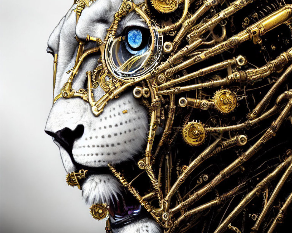 Detailed Close-Up of Mechanical Lion with Gold Gears and Blue Eye