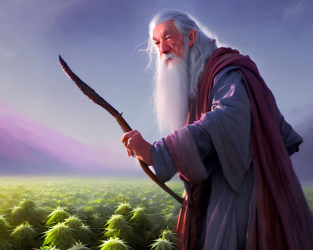 Elderly wizard with white beard in purple cloak on green field