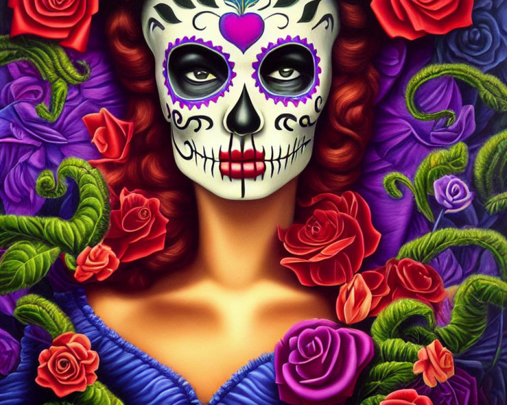 Vibrant Day of the Dead woman with skull makeup and roses