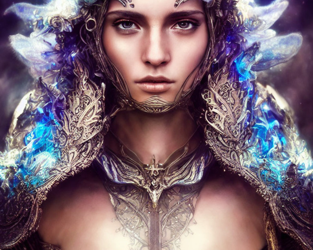 Digital Artwork: Woman in Silver and Blue Fantasy Armor with Elaborate Headdress
