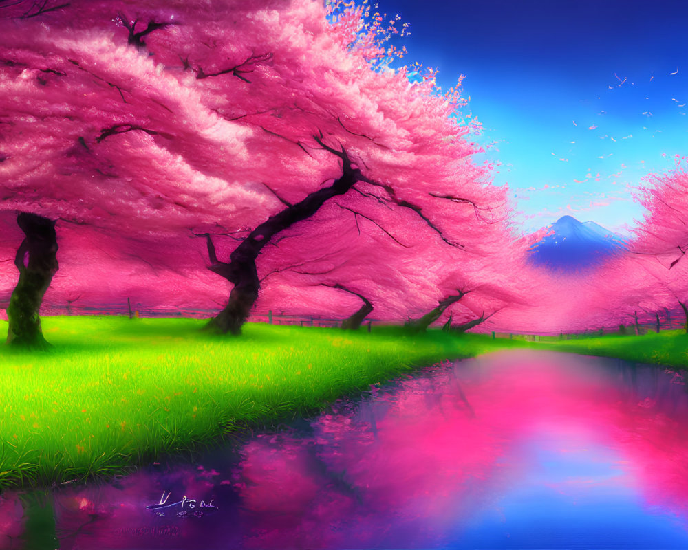 Colorful fantasy landscape with pink cherry blossoms, blue stream, green grass, and distant mountain.