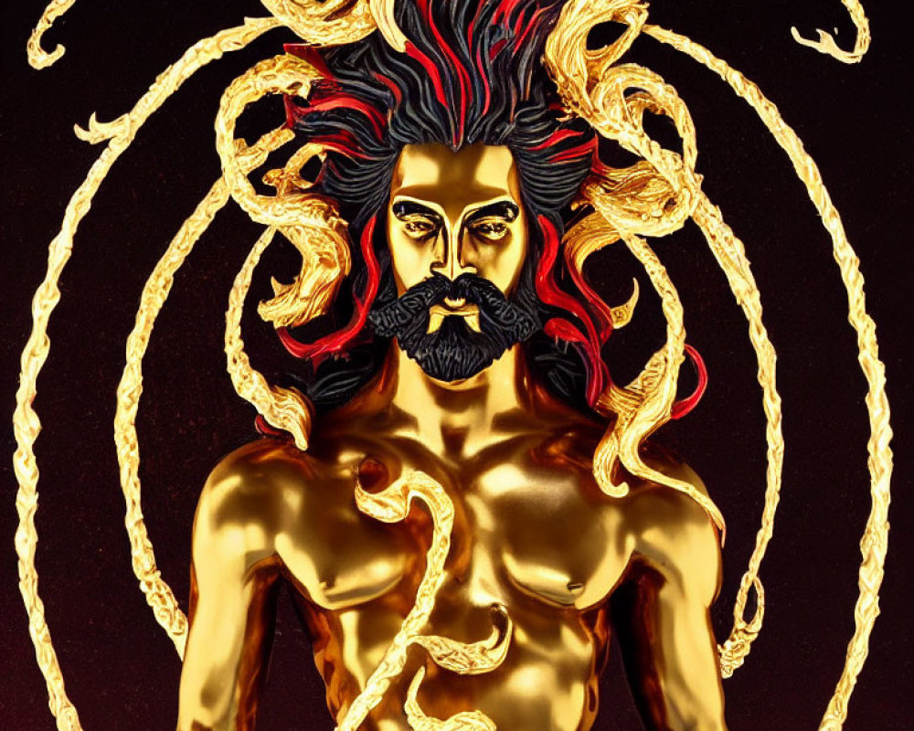 Golden figure with red hair and serpentine shapes on dark background