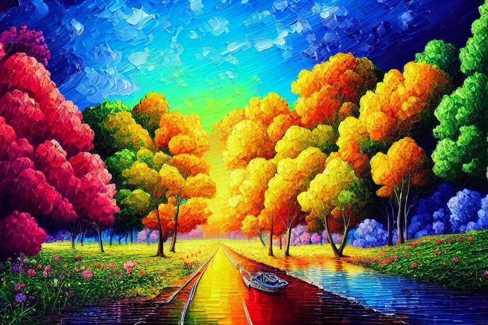 Colorful Autumn Tree-Lined Pathway Painting with Reflections