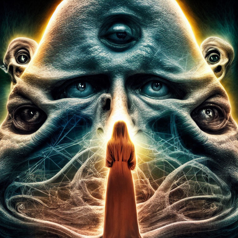 Surreal image of face with multiple eyes and symmetrical patterns