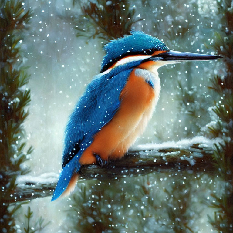 Colorful kingfisher on branch in snowy winter scene