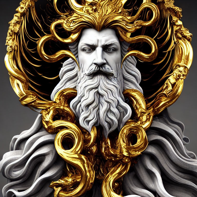 Digital artwork of stern man with elaborate gold and silver designs