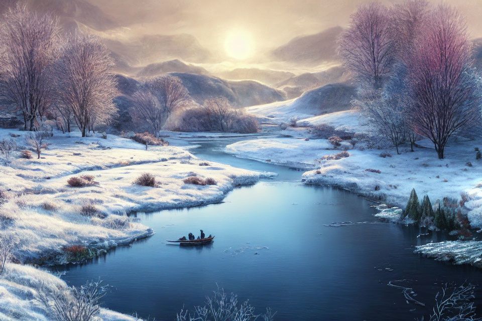 Winter sunrise landscape with river, snow, boat, and people in serene setting