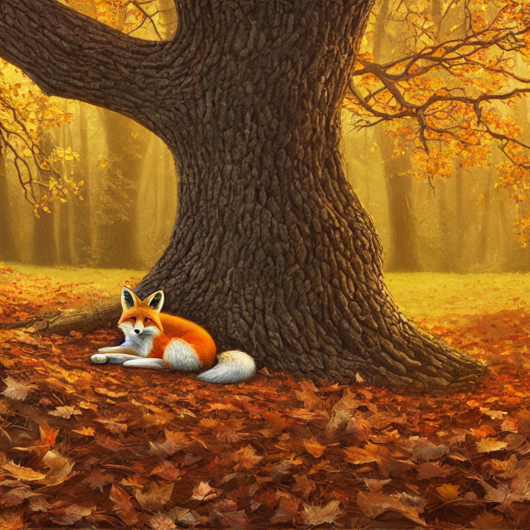Fox Resting Under Large Tree Among Autumn Leaves
