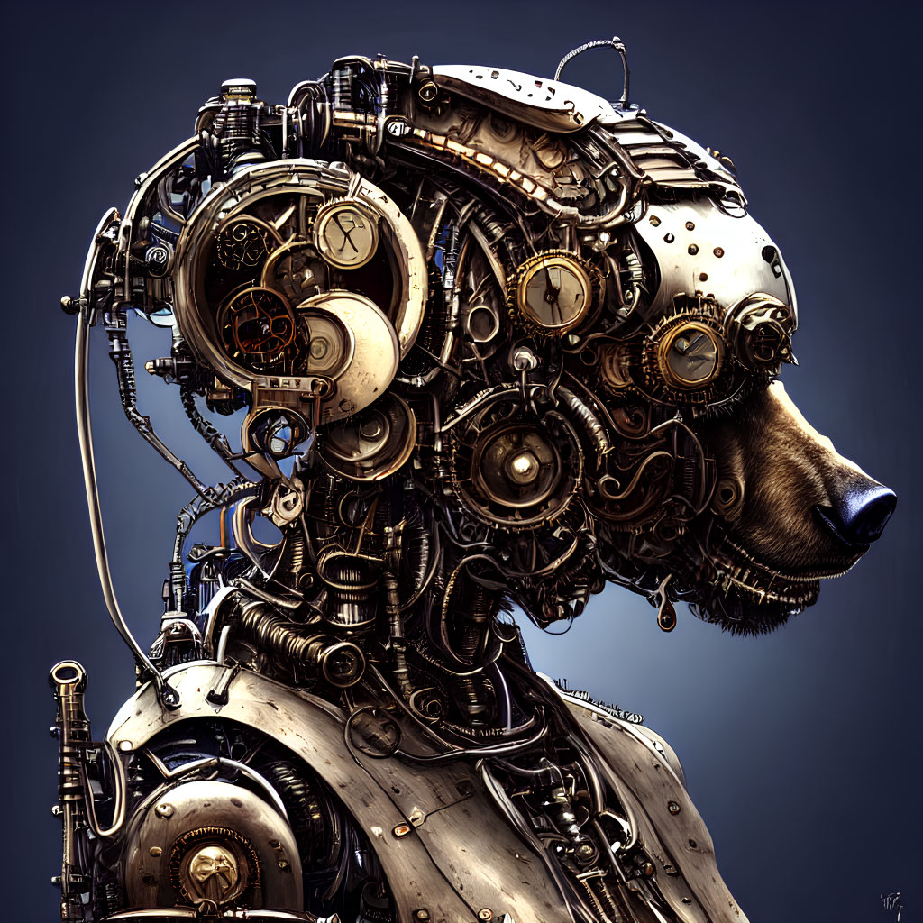 Detailed Steampunk-Style Mechanical Dog Head with Gears and Pipes