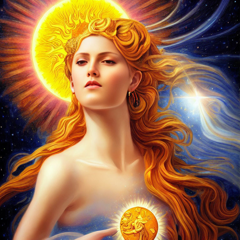 Golden-haired woman with sun halo holds miniature sun against cosmic backdrop