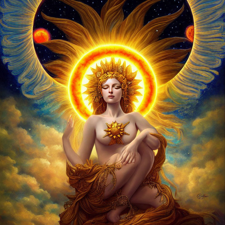 Celestial figure with sun halo and golden crown holding sun emblem, planets in background