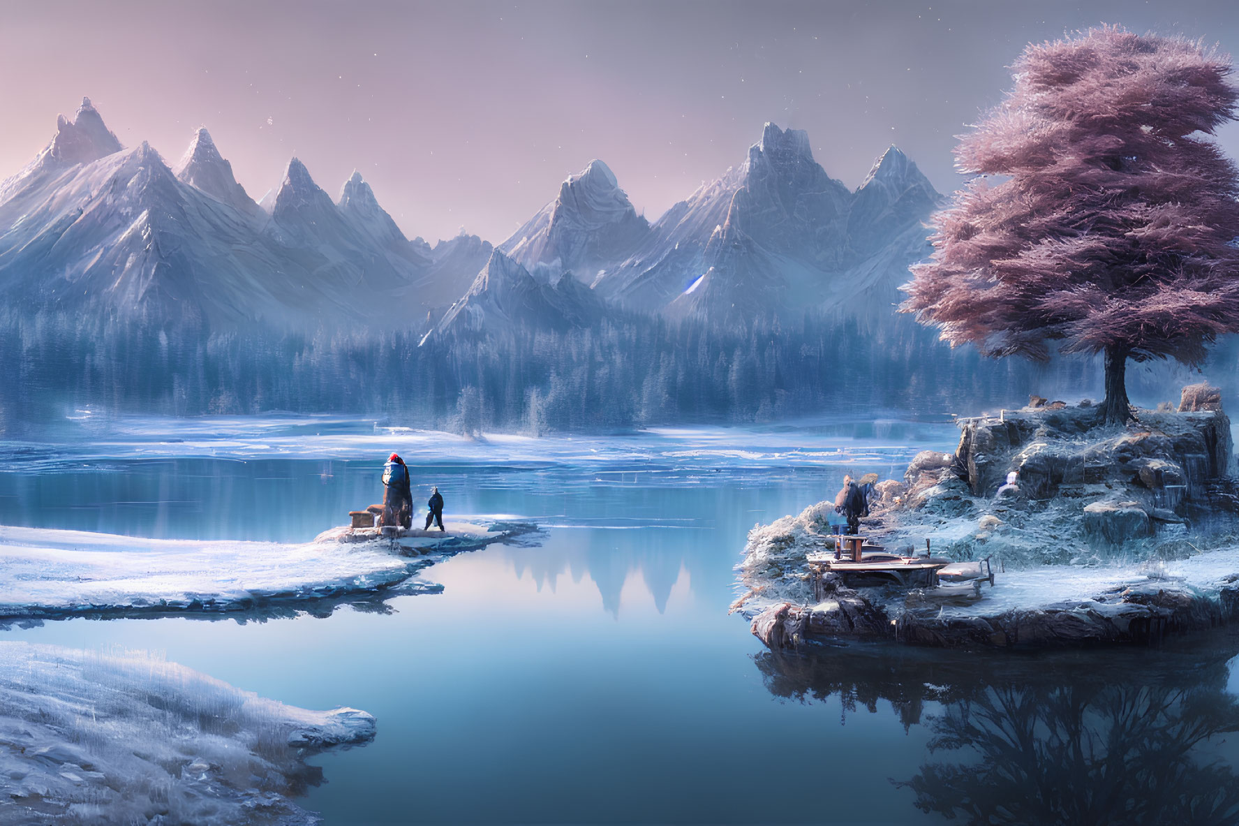 Snow-capped mountains, frozen lake, cherry blossom tree, figure on icy shore at twilight