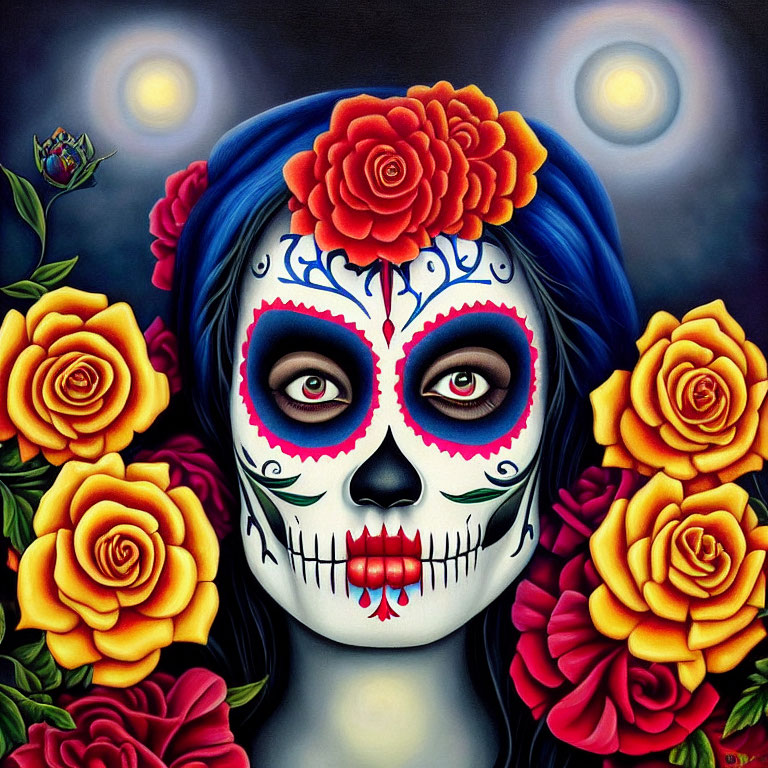 Colorful painting of woman with Day of the Dead makeup and roses on dark background