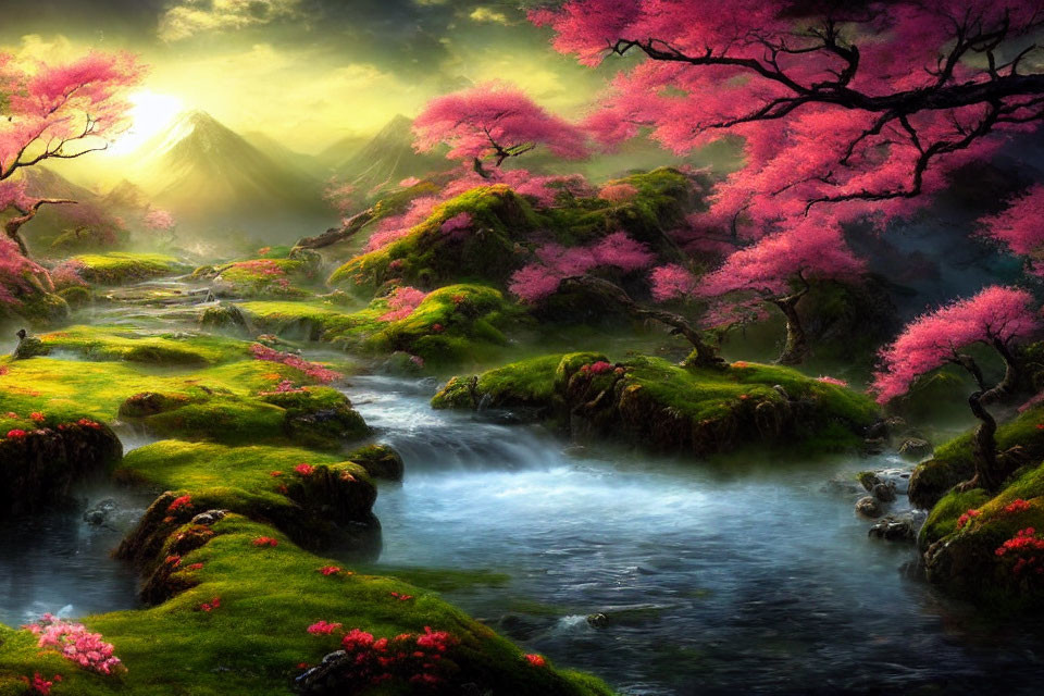 Tranquil landscape with stream, moss, cherry blossoms, and mountain