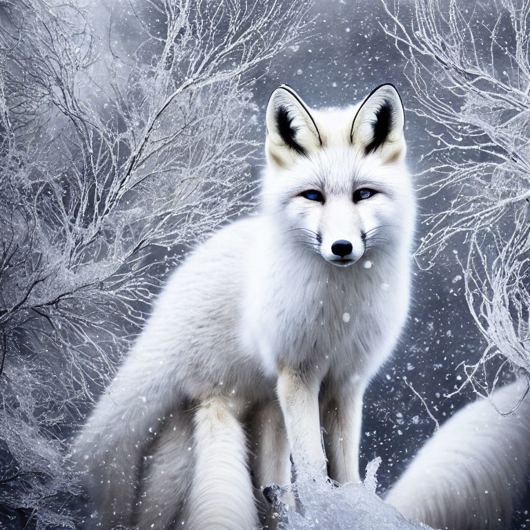 White Fox in Snowy Landscape with Frosted Trees